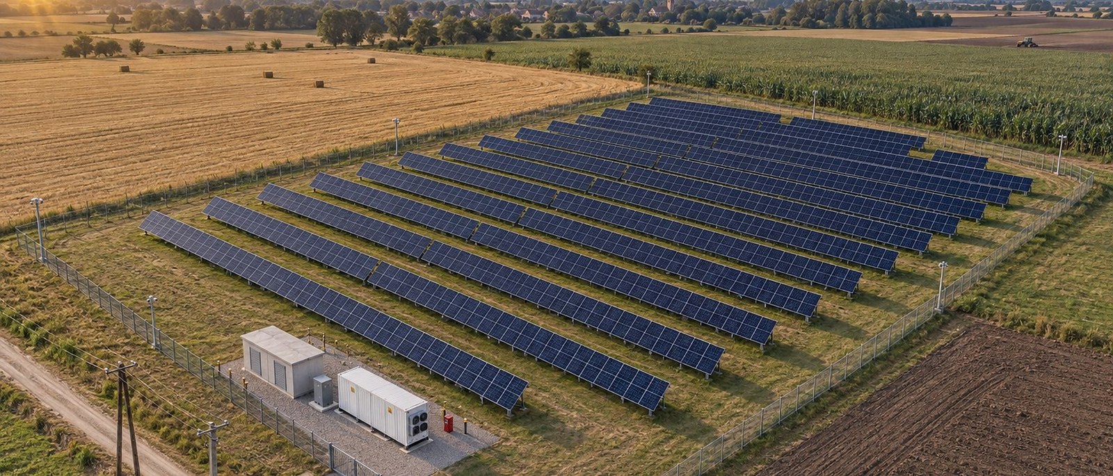 Ilustracja farmy fotowoltaicznej z rzędami modułów i magazynem energii